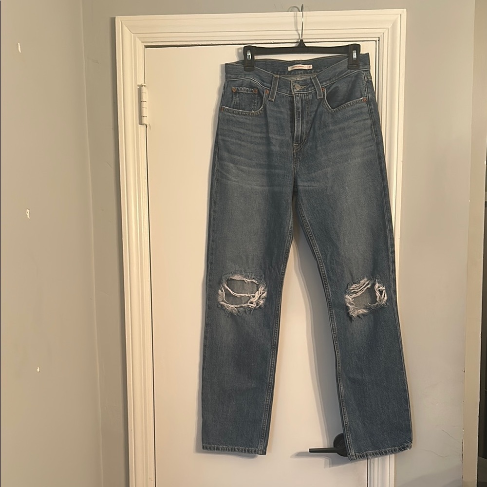 Levi's Blue Straight Leg Jeans with Distressed Details